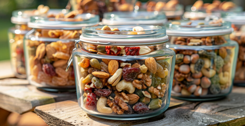 Assortiment de fruits secs présentés dans des bocaux